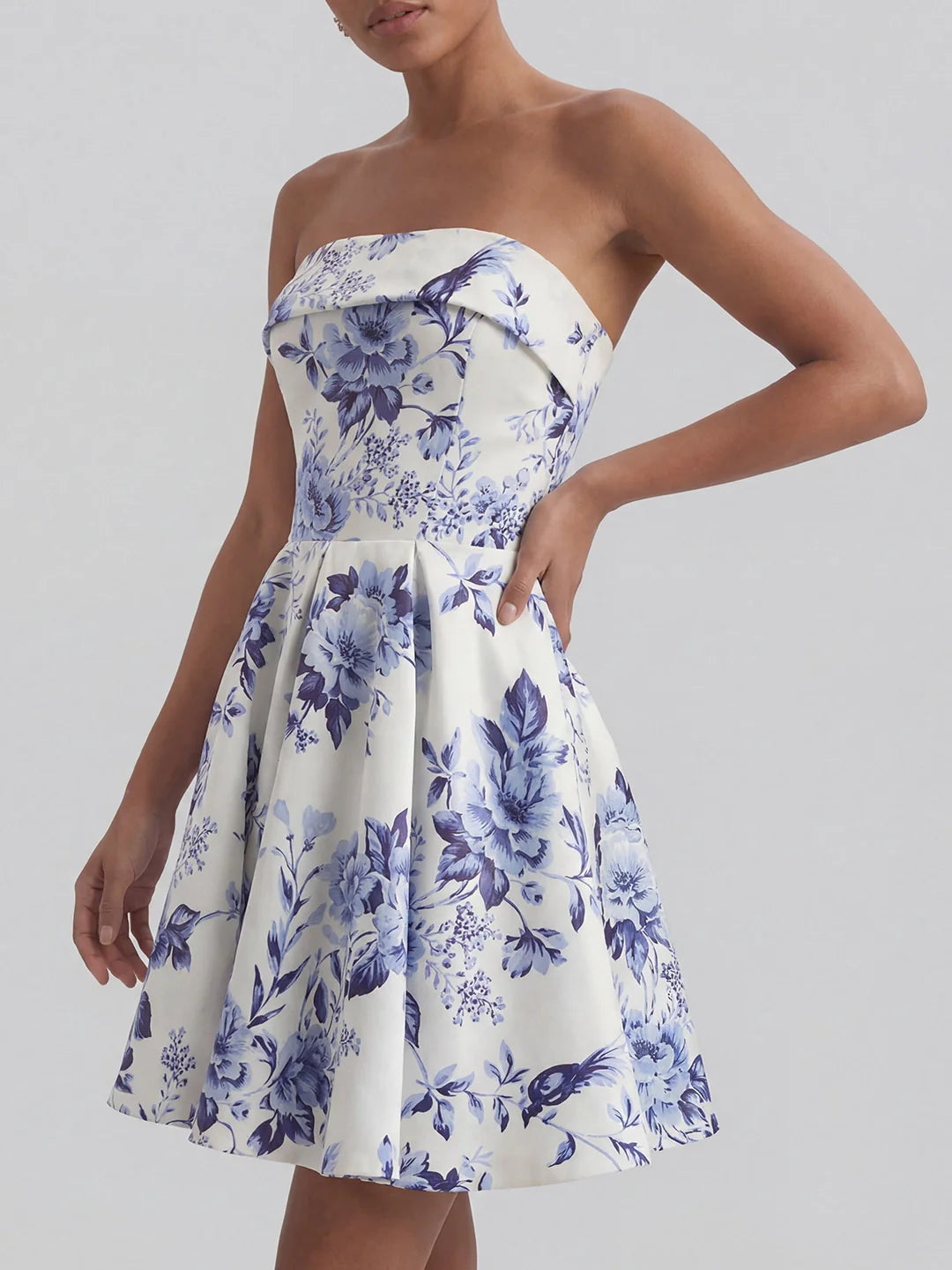 Toile de Jouy Blue and White Floral Bandeau Mini Dress