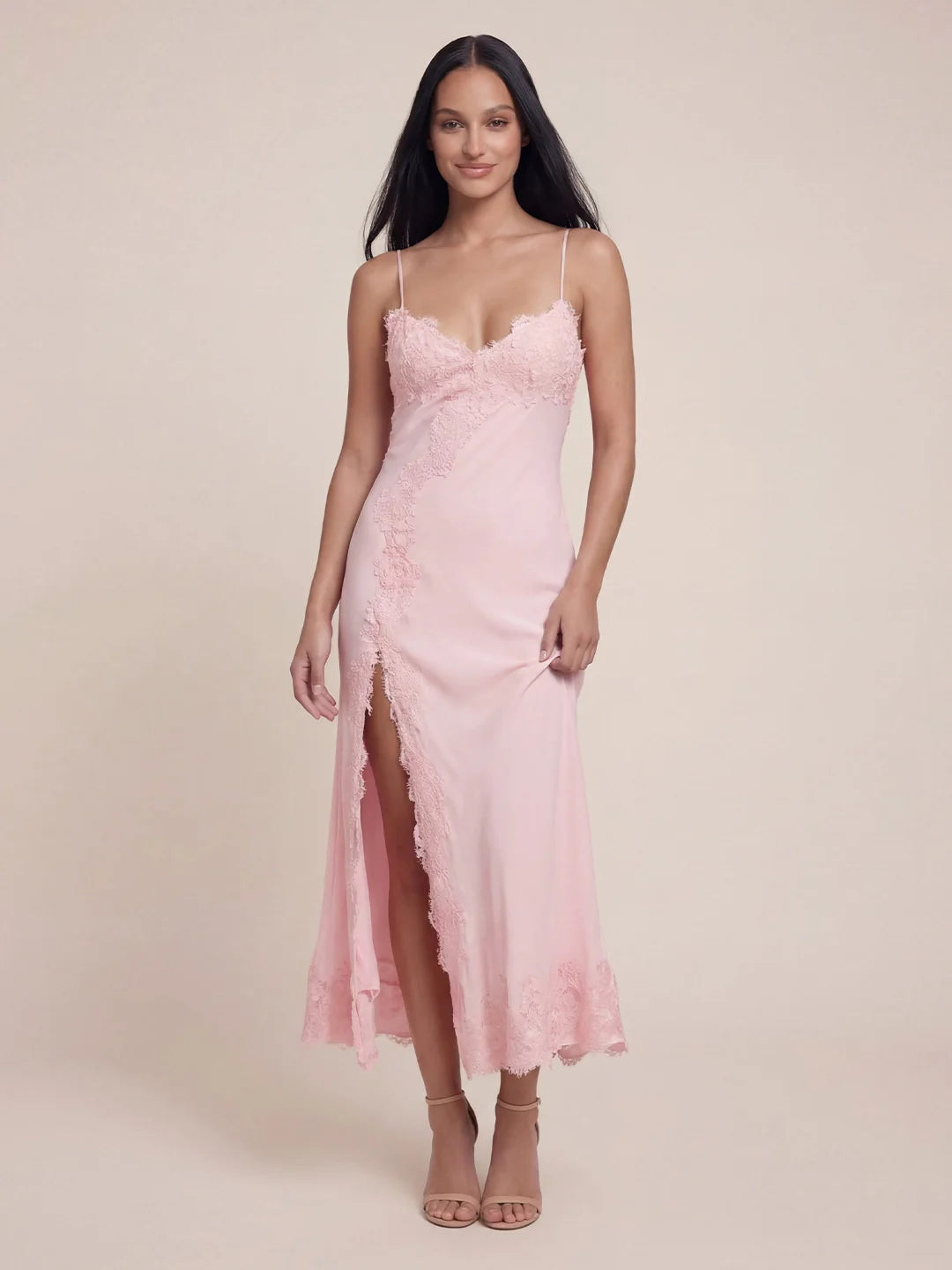 V-Neck Lace Detailed Satin Maxi Dress