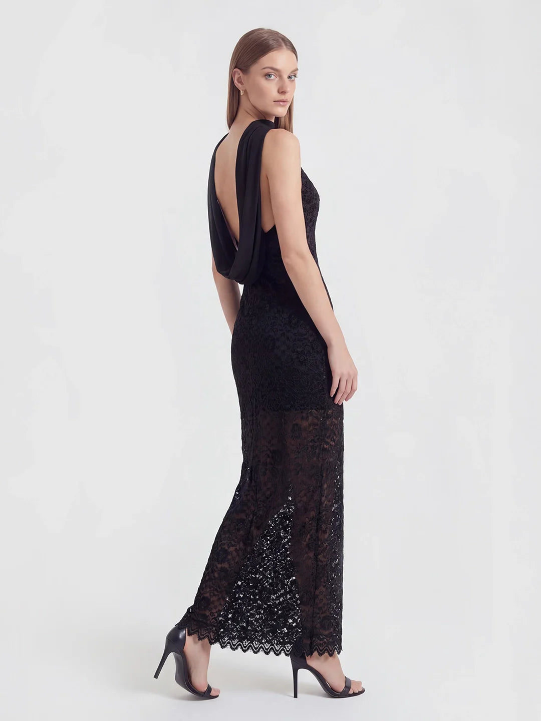 Velvet-Lace Halter Gown with Trailing Chiffon Accents