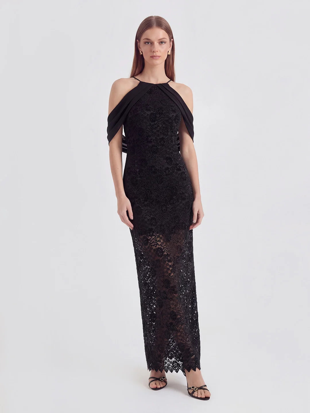 Velvet-Lace Halter Gown with Trailing Chiffon Accents