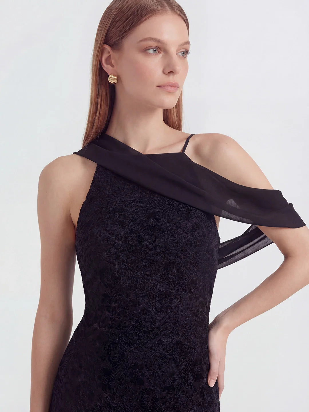 Velvet-Lace Halter Gown with Trailing Chiffon Accents