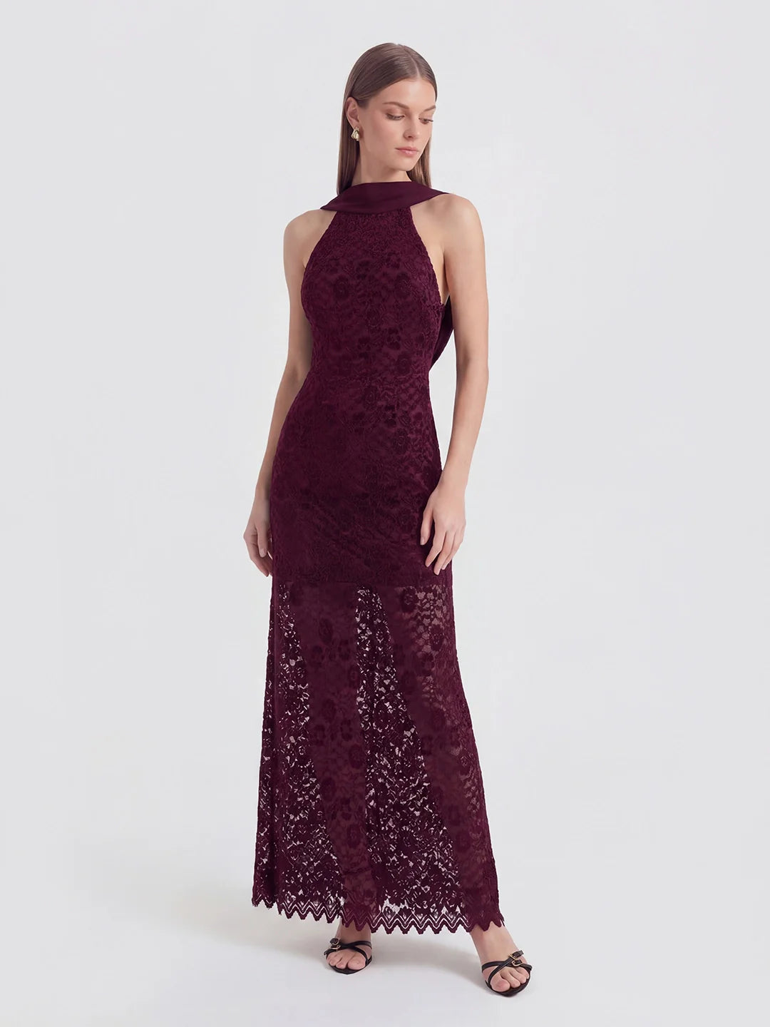 Velvet-Lace Halter Gown with Trailing Chiffon Accents