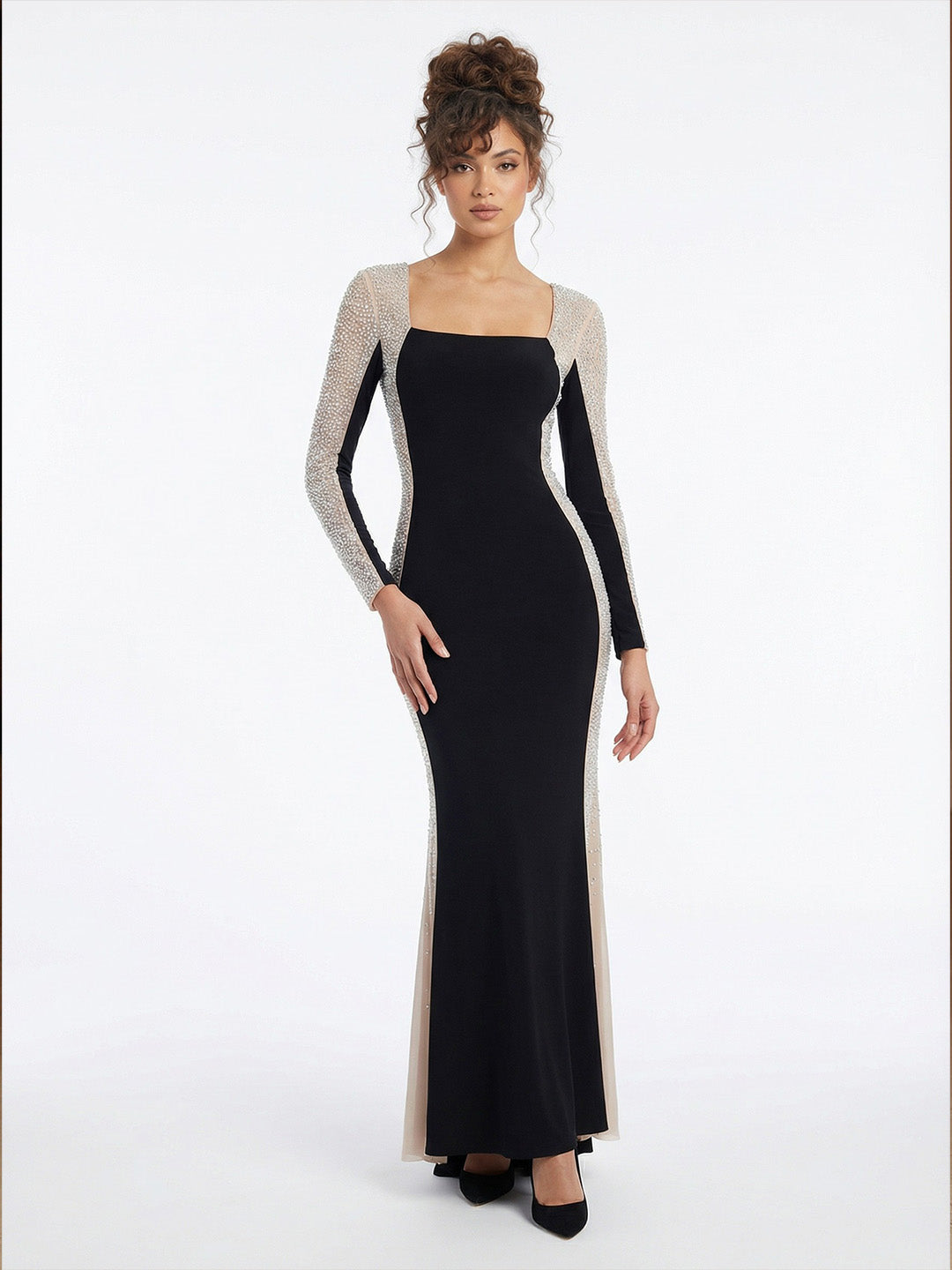 Evenings Women's Crystal Contrast Long Sleeve Dress