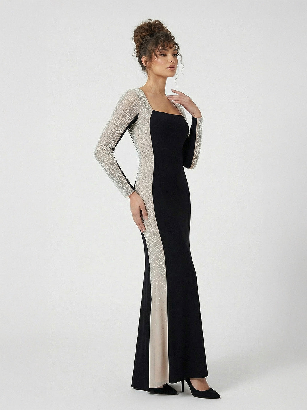 Evenings Women's Crystal Contrast Long Sleeve Dress