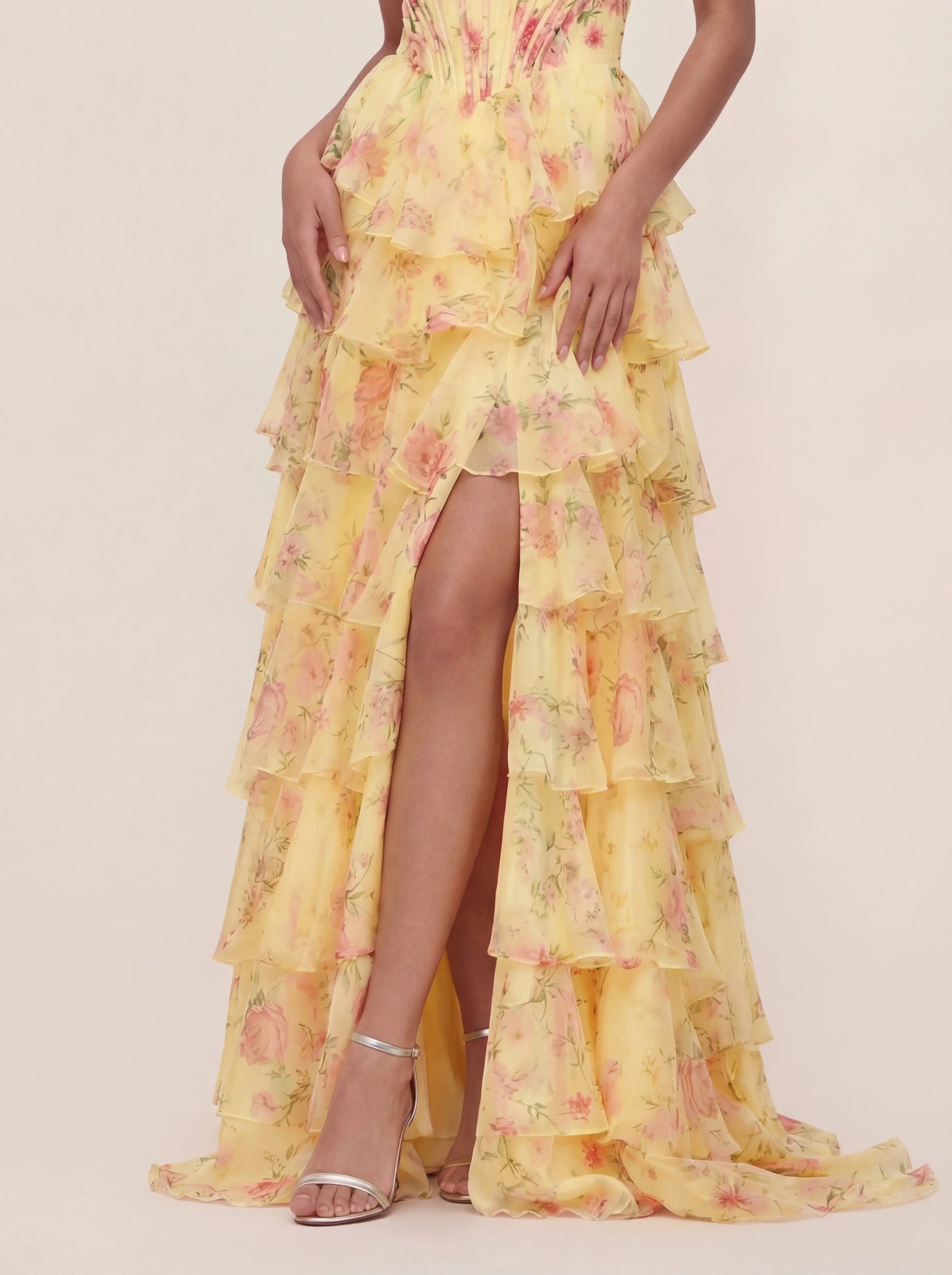 Floral Chiffon Bandeau Prom Gown