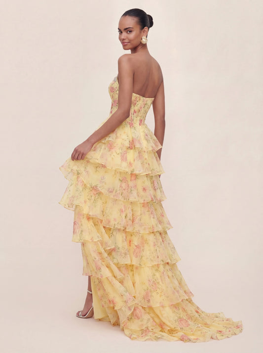 Floral Chiffon Bandeau Prom Gown