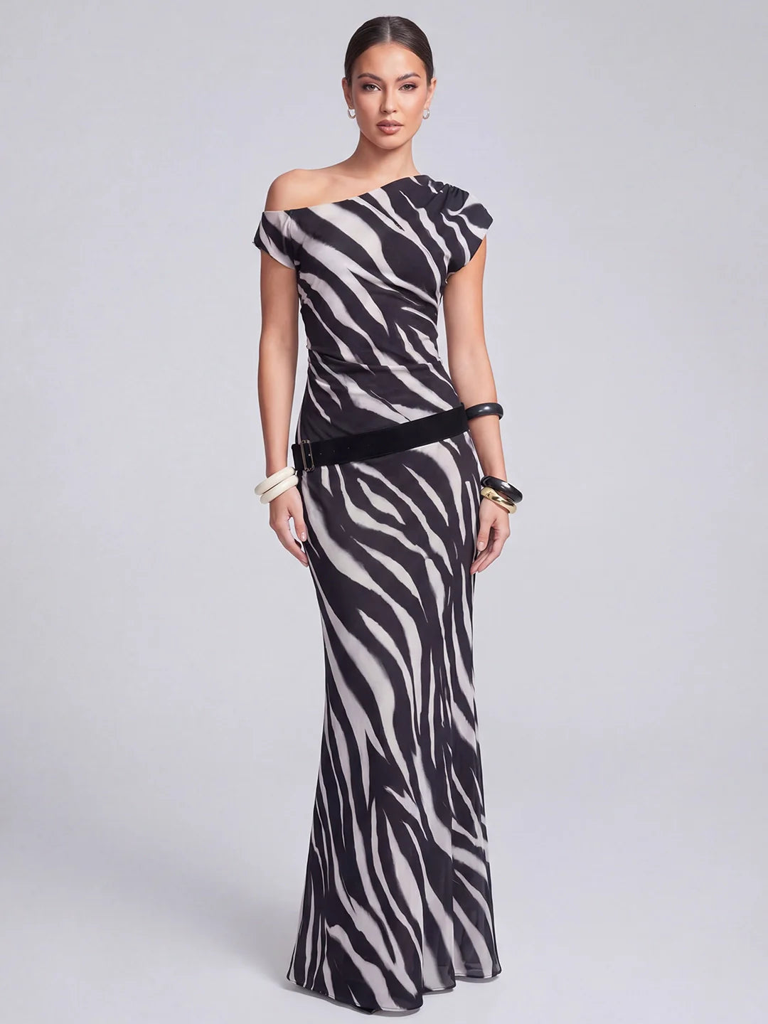 Zebra Printed Mesh Asym Neck Maxi Dress