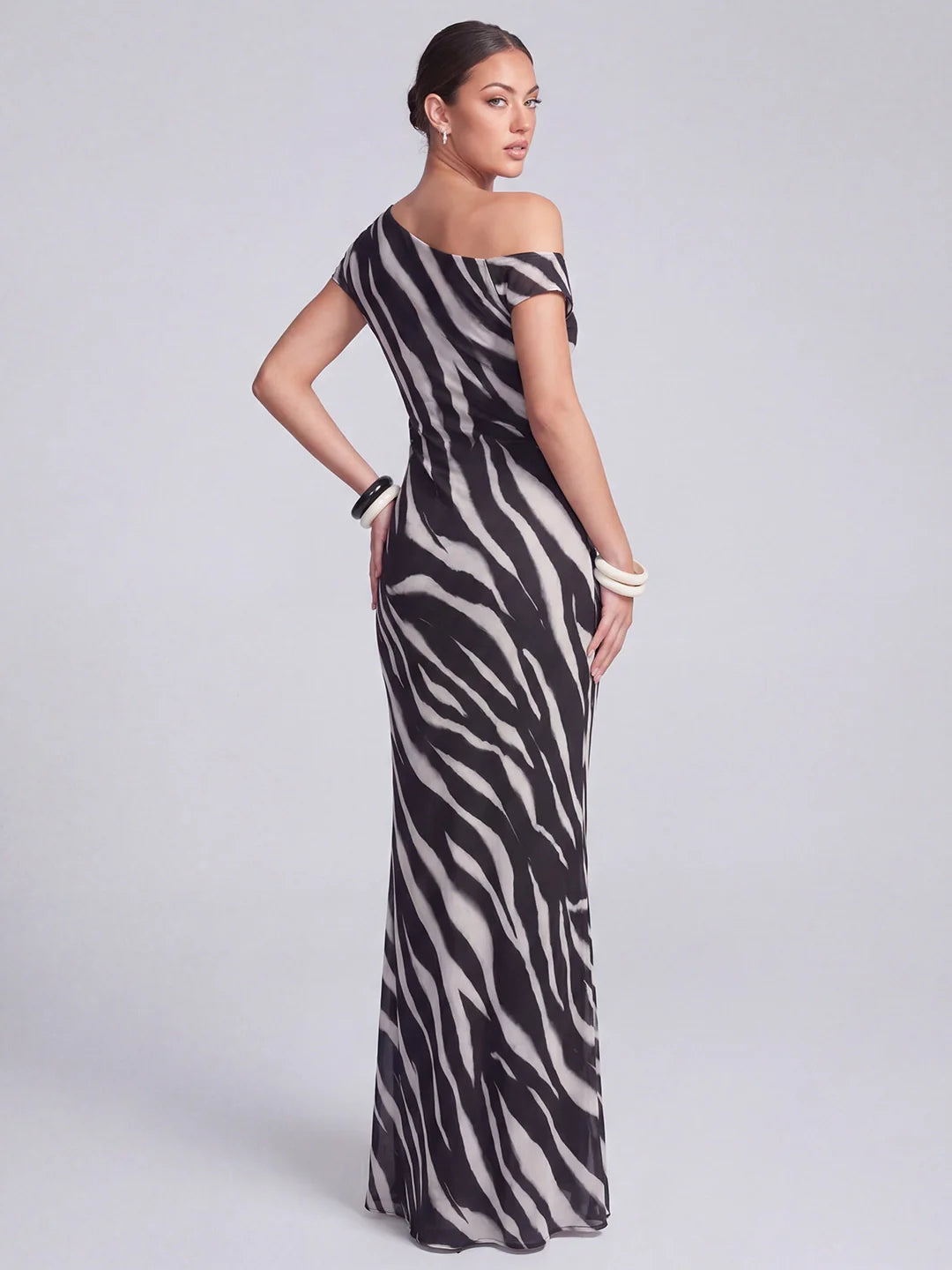 Zebra Printed Mesh Asym Neck Maxi Dress
