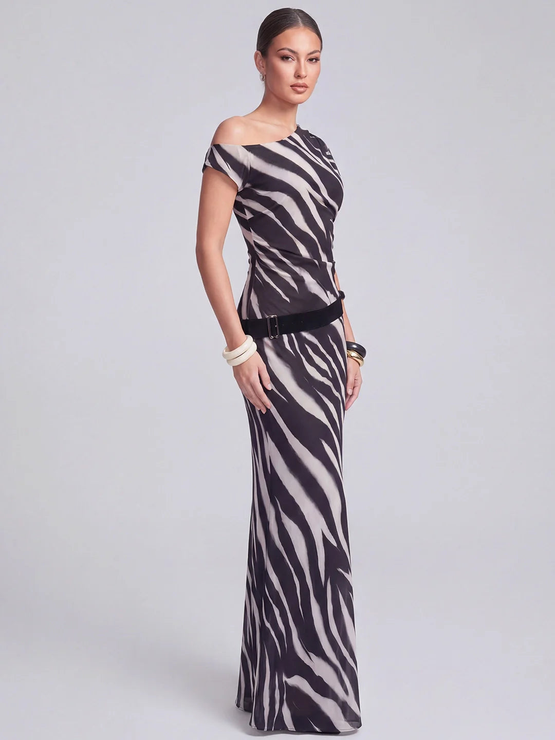 Zebra Printed Mesh Asym Neck Maxi Dress