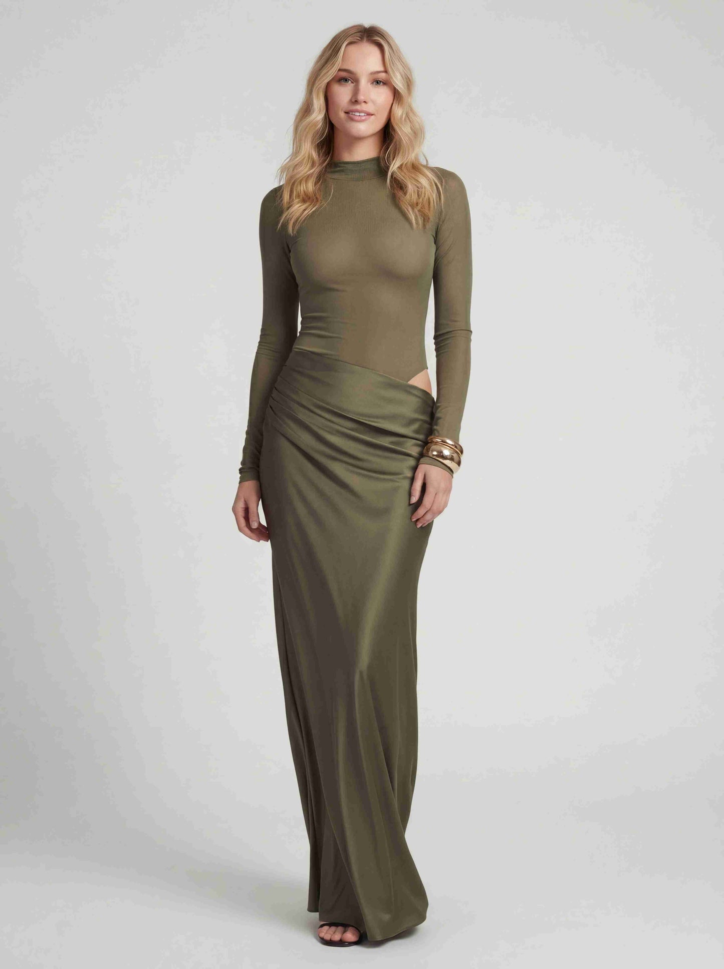 Mesh Bodysuit & Pleated Satin Cut-out Maxi Dress