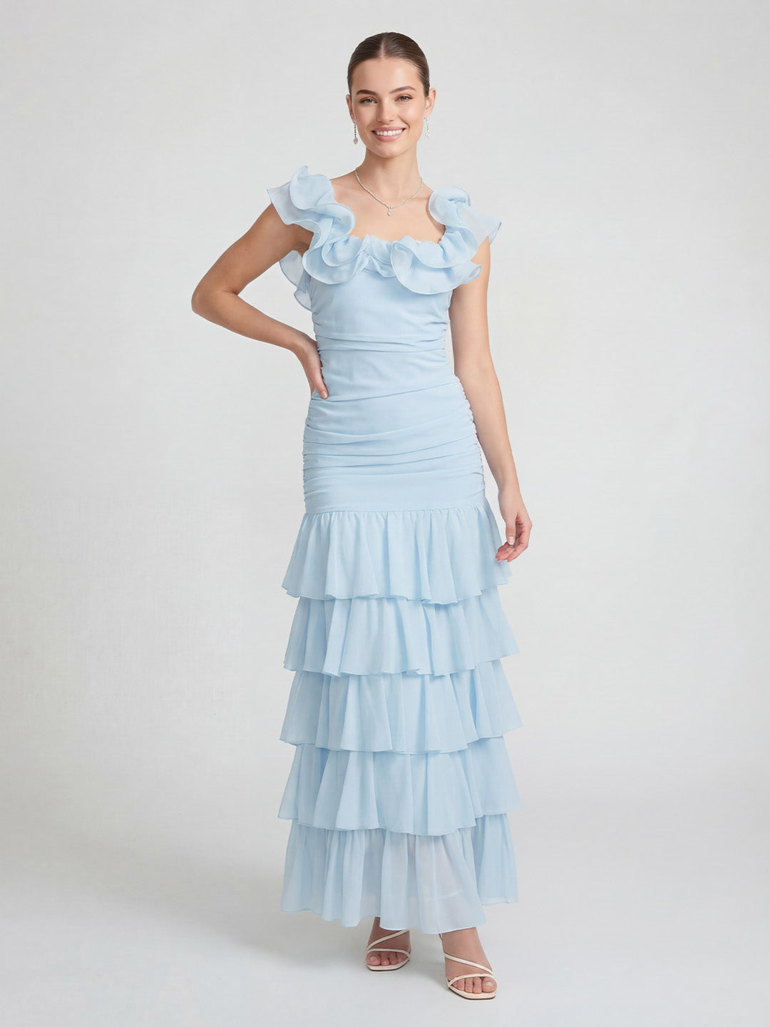 Chiffon pleated ruffle maxi dress