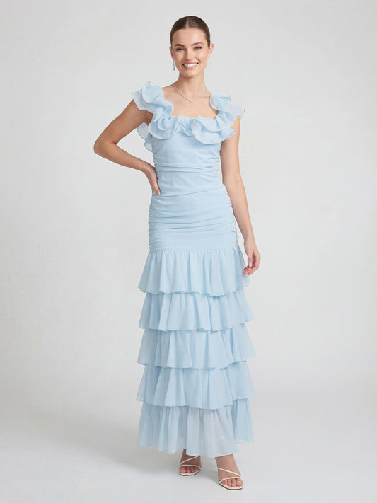 Chiffon pleated ruffle maxi dress